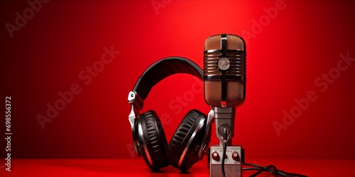 Vintage style microphone and headphones on a vibrant red background. photo