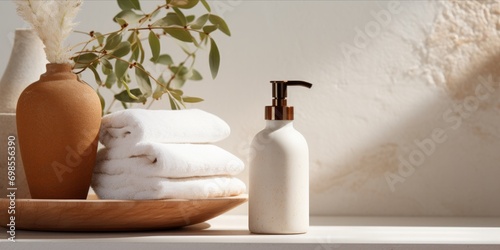 Amber glass soap dispenser on a stone surface with eucalyptus leaves and a white towel.