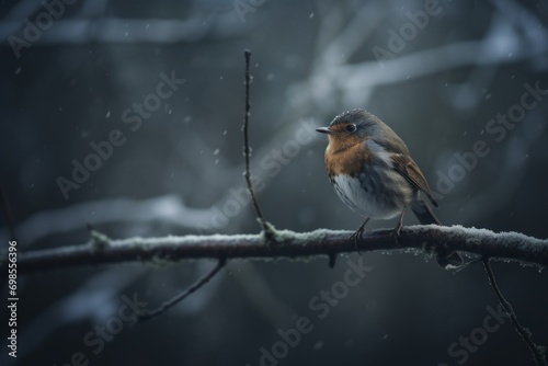 Turdus migratorius, American robin bird perched on a branch, sad grey winter weather photo