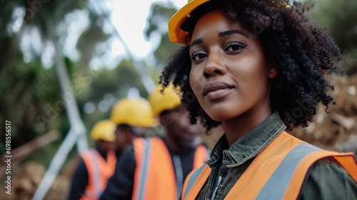 Engineer, construction and team with black woman or manager outdoor for civil engineering and building. Portrait of leader and gender equality with men and women together for site engineering project