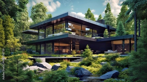A modern eco-house made of wood and large panoramic windows in the middle of green trees in a dense forest. A luxurious house in nature © Oleh