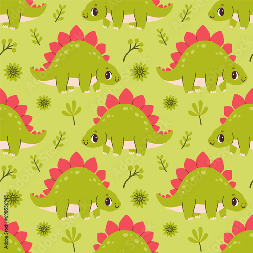 Cute dinosaur seamless pattern. Cute colored dinosaurs for nursery, kids clothing. Kids pattern in flat cartoon style.