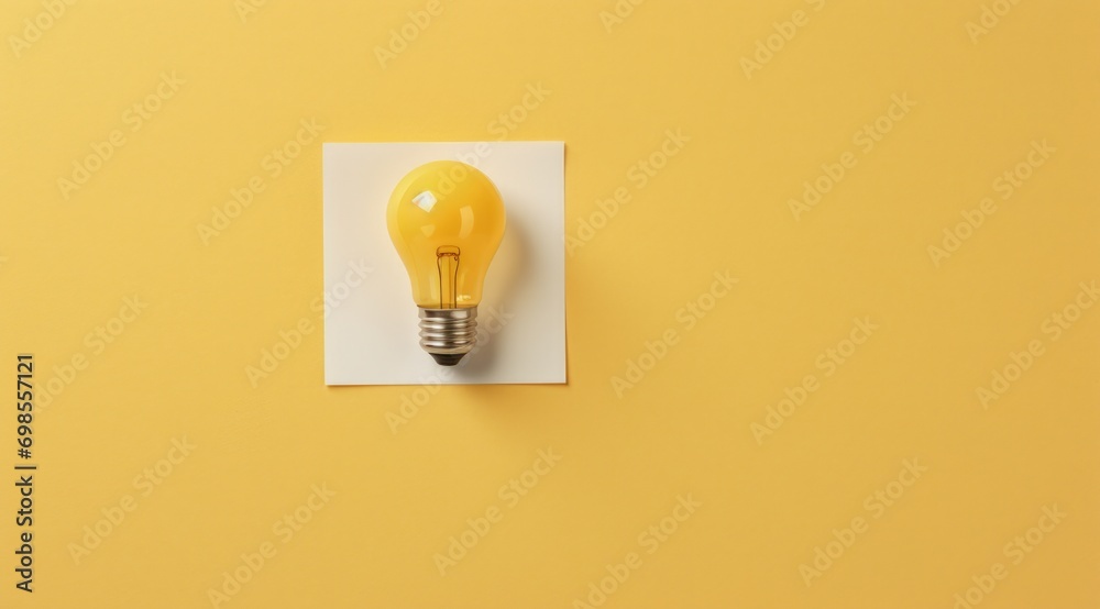 Illustration of light bulb and piece of paper for note taking, concept of ideas and creativity, yellow background. Generative AI - obrazy, fototapety, plakaty 