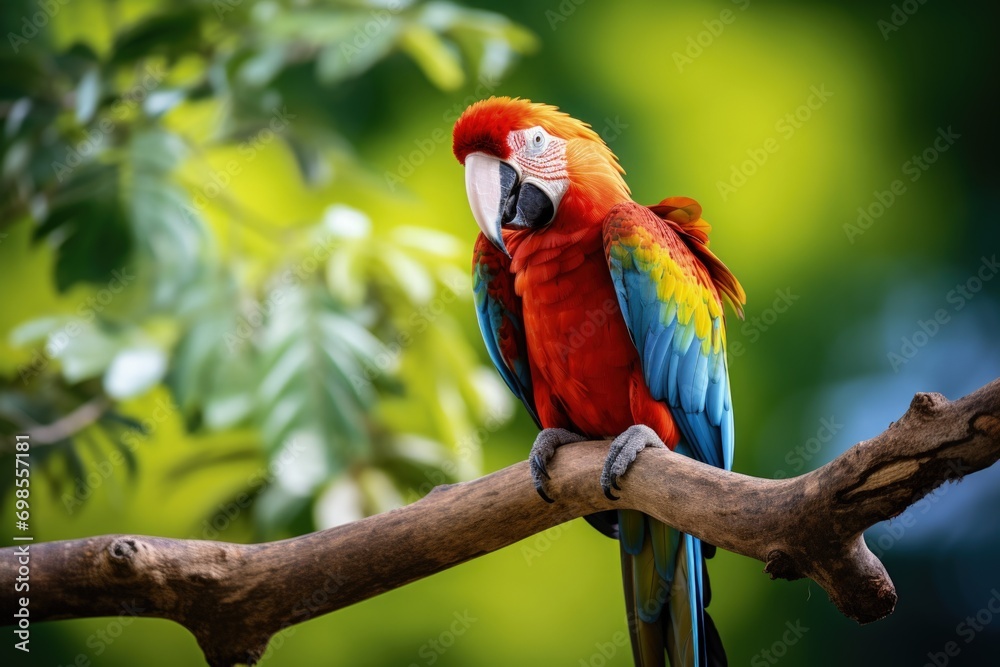 Obraz premium Landscape with beautiful red macaw on the branch of a tree, forest in the background, wildlife concept. Generative AI
