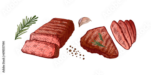 Organic food. Hand drawn colored vector sketch of grilled beef steaks, pieces of meat with rosemary and garlic. Vintage illustration. Decorations for menu. Engraved image.