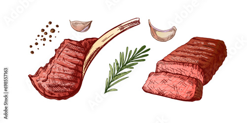 Organic food. Hand drawn colored vector sketch of grilled beef steak, piece of meat on the bone with rosemary and garlic.  Decorations for menu. Engraved image.