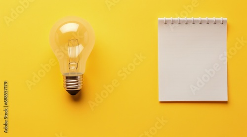 Illustration of light bulb and piece of paper for note taking, concept of ideas and creativity, yellow background. Generative AI