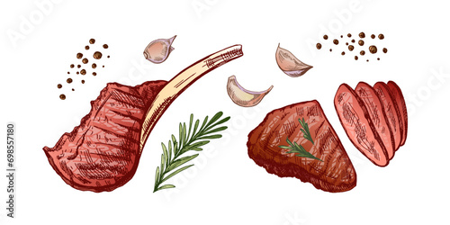 Organic food. Hand drawn colored vector sketch of grilled beef steak, piece of meat on the bone with rosemary and garlic.  Decorations for menu. Engraved image.