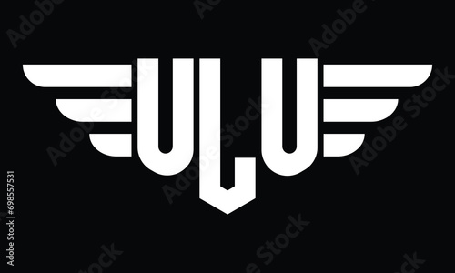 ULU three letter logo, creative wings shape logo design vector template. letter mark, word mark, monogram symbol on black & white.	