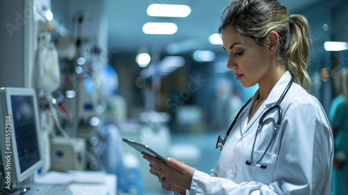 Female doctor in hospital looking at digital tablet