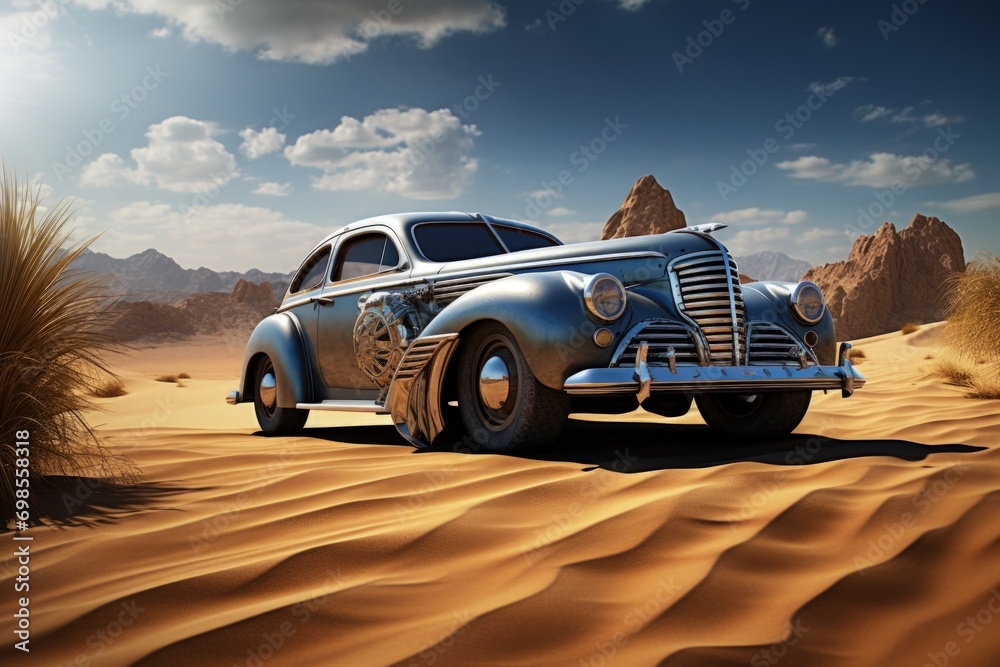Desert landscape with customized vintage car. Generative AI
