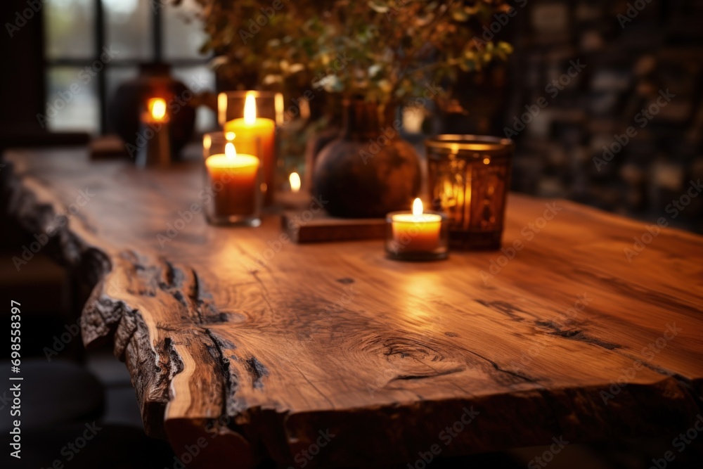 Rustic style room with wooden table decorated with candles, digital illustration. Generative AI