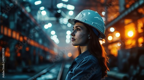 Female industrial engineer wearing a white helmet while standing in a heavy industrial factory © WS Studio 1985