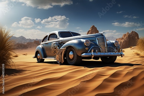Desert landscape with customized vintage car. Generative AI © Deivison