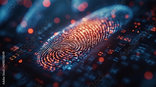 Fingerprint identification to access personal financial data. Idea for E-kyc (electronic know your customer), biometrics security photo