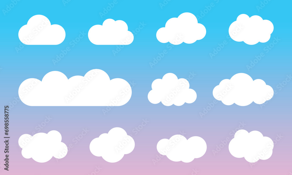 Set of cartoon cloud in a flat design. White cloud icons collection. Vector illustration