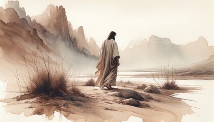 The Temptation of Jesus. Biblical. Christian religious watercolor Illustration