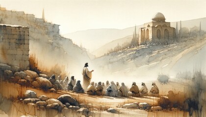 Judean Ministry of Jesus. Biblical. Christian religious watercolor Illustration