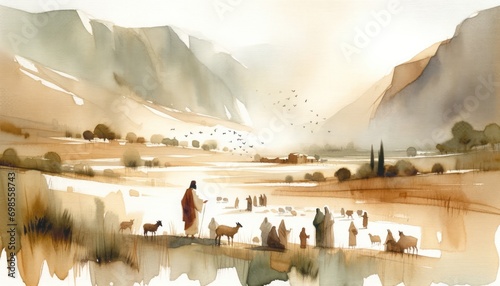 Judean Ministry of Jesus. Biblical. Christian religious watercolor Illustration photo