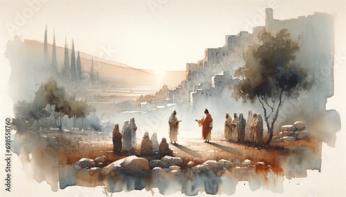 Judean Ministry of Jesus. Biblical. Christian religious watercolor Illustration photo