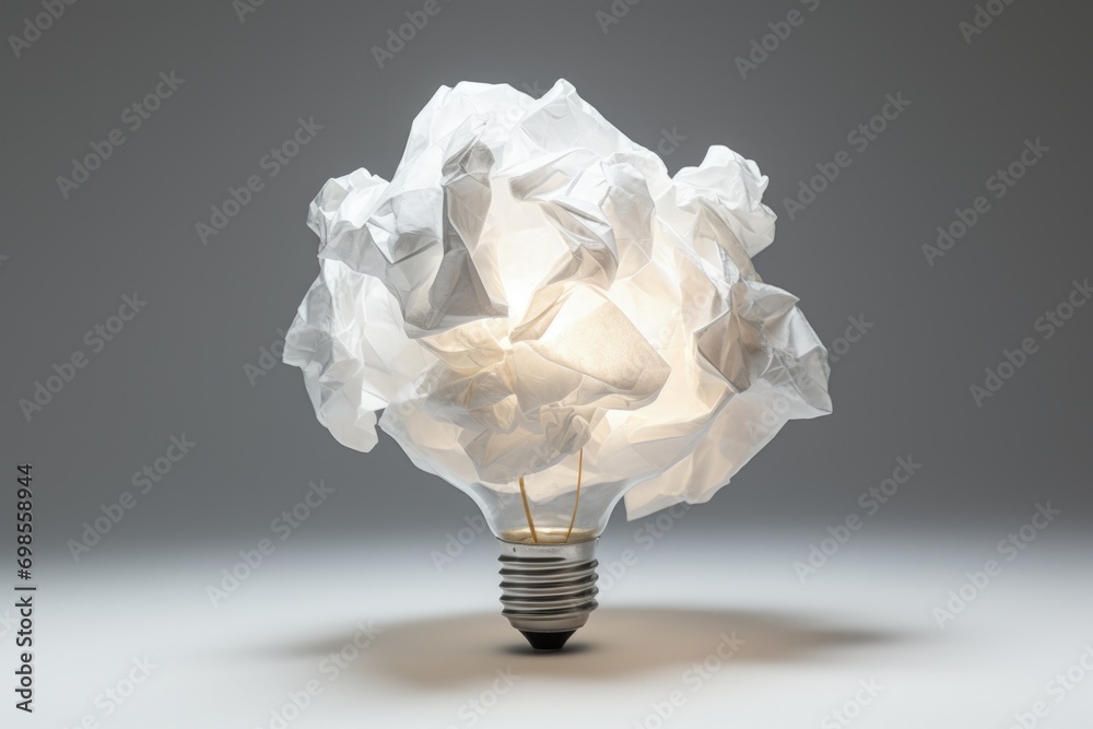 Light bulb and crumpled paper ball, concept of ideas and business, digital illustration. Generative AI - obrazy, fototapety, plakaty 