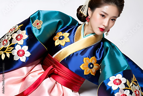 The traditional elegance of Korean hanbok, with its colorful and asymmetrical designs, captivates the hearts of foreigners seeking a unique and graceful fashion experience. Generative AI.