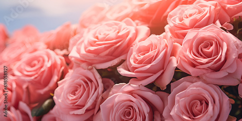Close up sweet light pink on pink abstract lighting background, Beautiful pink roses on light background, Pink rose flower in the garden on blue sky sunlight with bokeh, Generative AI 