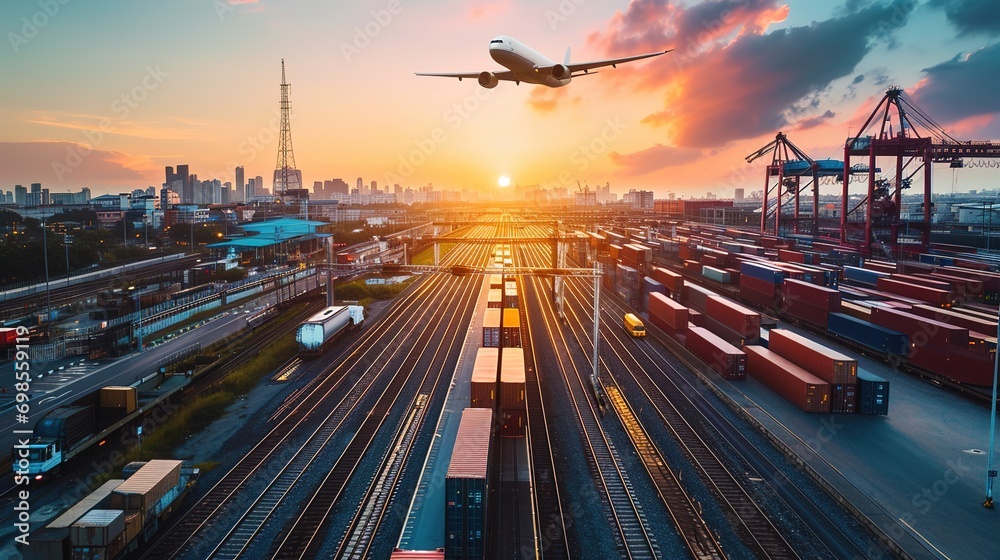 global logistic network distribution and transportation intelligent logistics of truck airplane and train container cargo ship, Logistic industry and import export - obrazy, fototapety, plakaty 