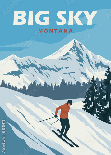 big sky resort montana vintage poster illustration design, ski poster background design photo