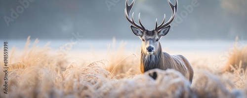 beautiful view of deer in the grass in winter © nomesart