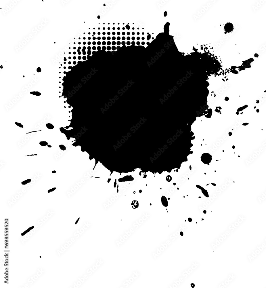 black ink splatter splash with halftone graphic on white background