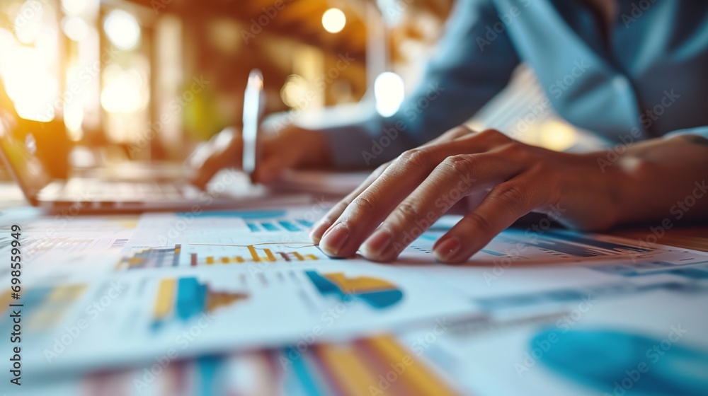 Fototapeta premium Hands, analytics and planning for business graphs, strategy or statistics in team marketing at the office. Hand of people analyzing data, charts and paperwork with company documents at the workplace