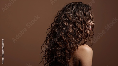 Haircare, back and beauty of woman with curly hair in studio isolated on a brown background. Texture, growth and female model with salon treatment for hairstyle, balayage or extensions and highlights