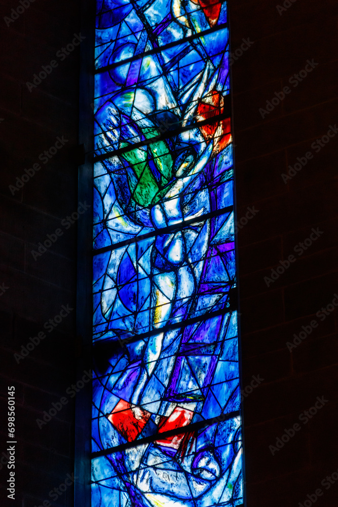 Stained glass window of the Protestant church Fraumunster designed by