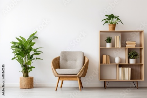 Modern minimalist living space with a rattan chair, white shelving unit, and houseplants.