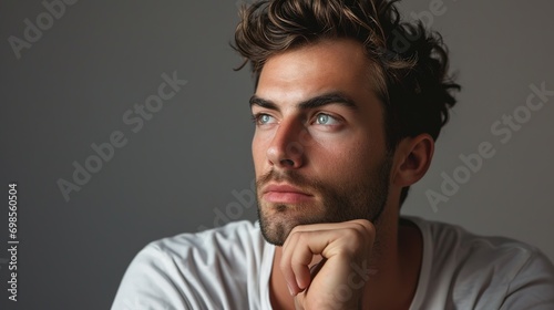 handsome young man looking thoughtful against a gray background