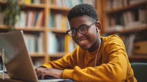 Happy African American teen student elearning at home on pc, writing notes. Smiling teenage boy using laptop watching webinar, hybrid learning english online virtual class photo