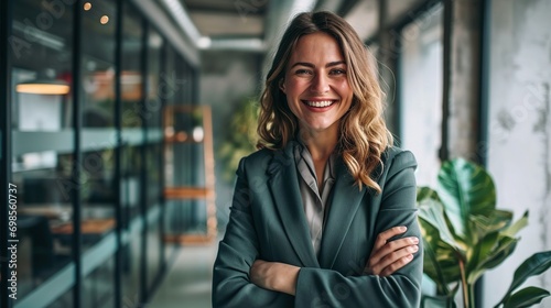 Happy, business leader and woman with a smile in success with crossed arms in a light office. Portrait of a professional and confident white female employee in leadership and management at a company photo