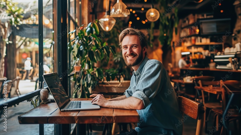 Happy man, portrait and laptop in cafe of remote work, planning freelance research or restaurant. Guy smile in coffee shop on computer technology, internet and blogging online for social networking Happy man, portrait and laptop in cafe of remote work, planning freelance research or restaurant. Guy smile in coffee shop on computer technology, internet and blogging online for social networking
