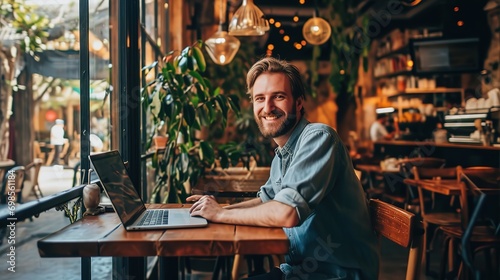 Happy man, portrait and laptop in cafe of remote work, planning freelance research or restaurant. Guy smile in coffee shop on computer technology, internet and blogging online for social networking © WS Studio 1985