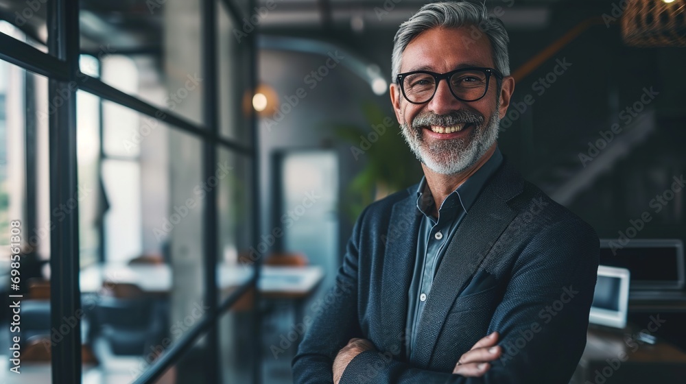 Fototapeta premium Happy mid aged older business man executive standing in office. Smiling 50 year old mature confident professional manager, confident businessman investor looking at camera