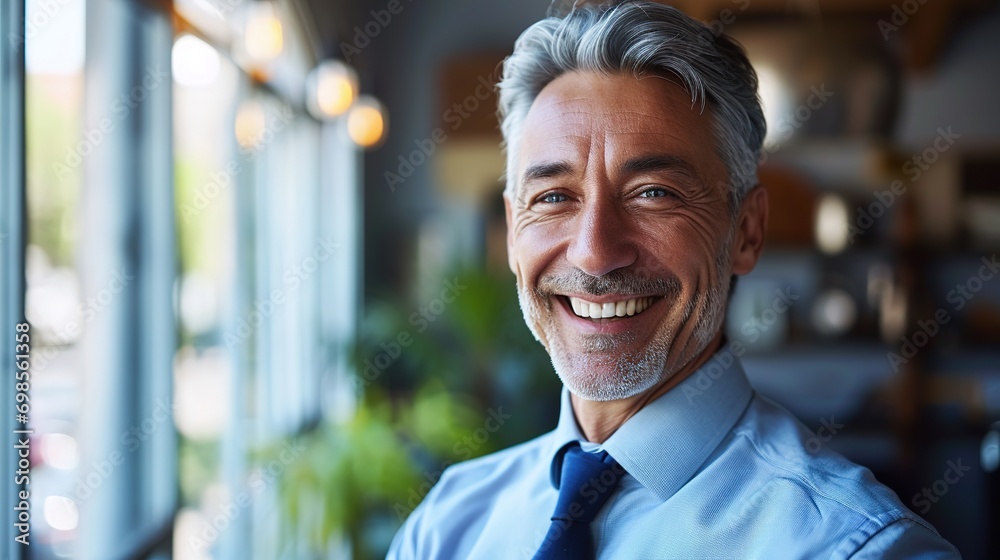 Happy mid aged older business man executive standing in office. Smiling 50 year old mature confident professional manager, confident businessman investor looking at camera Happy mid aged older business man executive standing in office. Smiling 50 year old mature confident professional manager, confident businessman investor looking at camera