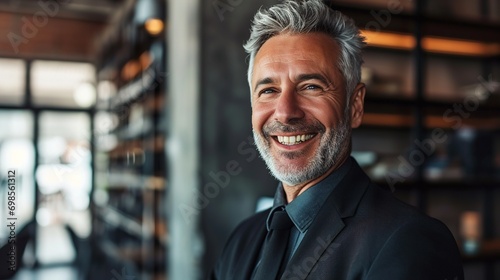 Happy mid aged older business man executive standing in office. Smiling 50 year old mature confident professional manager, confident businessman investor looking at camera