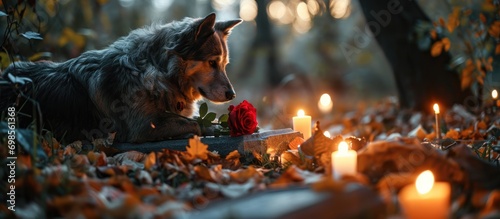 Pet cemetery with candles and a red rose on dog's grave.