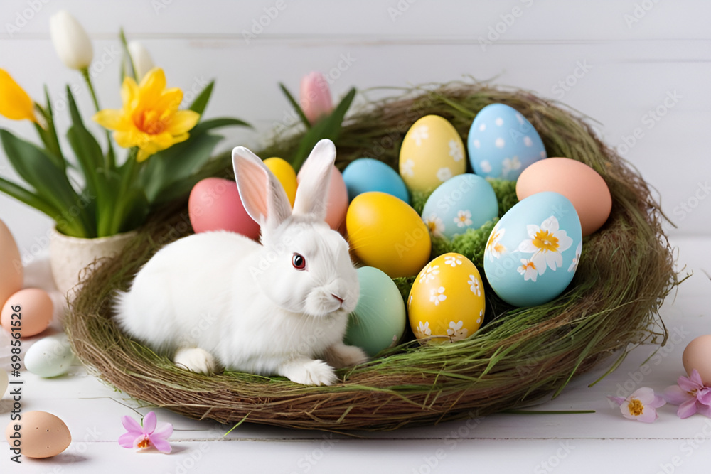 Easter Postcard a fluffy white rabbit next to a basket of Easter eggs and mimosa flowers. Easter Postcard a fluffy white rabbit next to a basket of Easter eggs and mimosa flowers.
