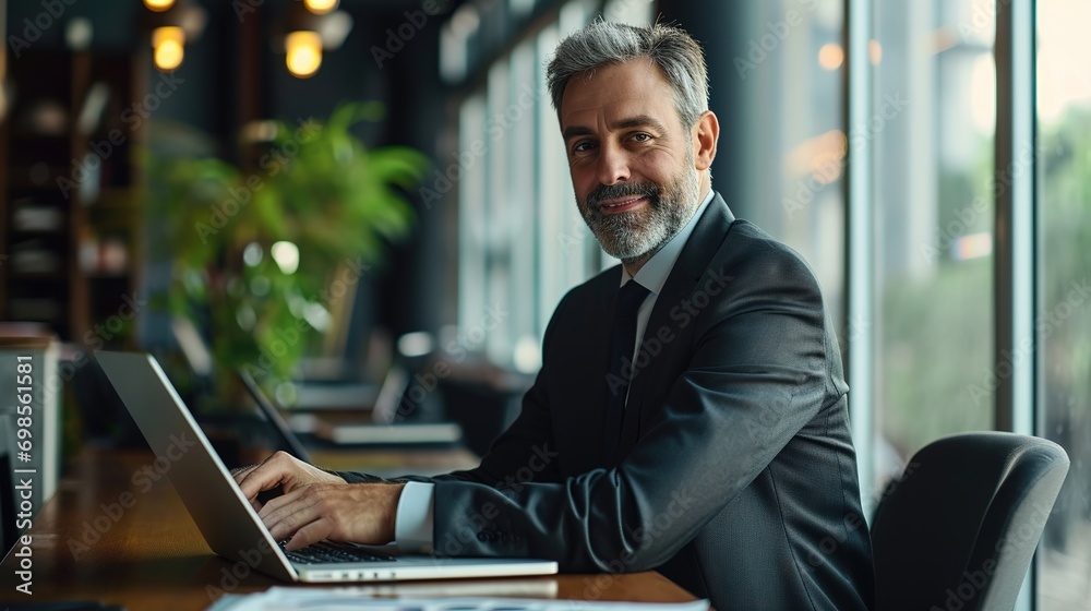 Happy middle aged professional business man company executive ceo manager wearing suit sitting at desk in modern office working on laptop computer and writing notes Happy middle aged professional business man company executive ceo manager wearing suit sitting at desk in modern office working on laptop computer and writing notes