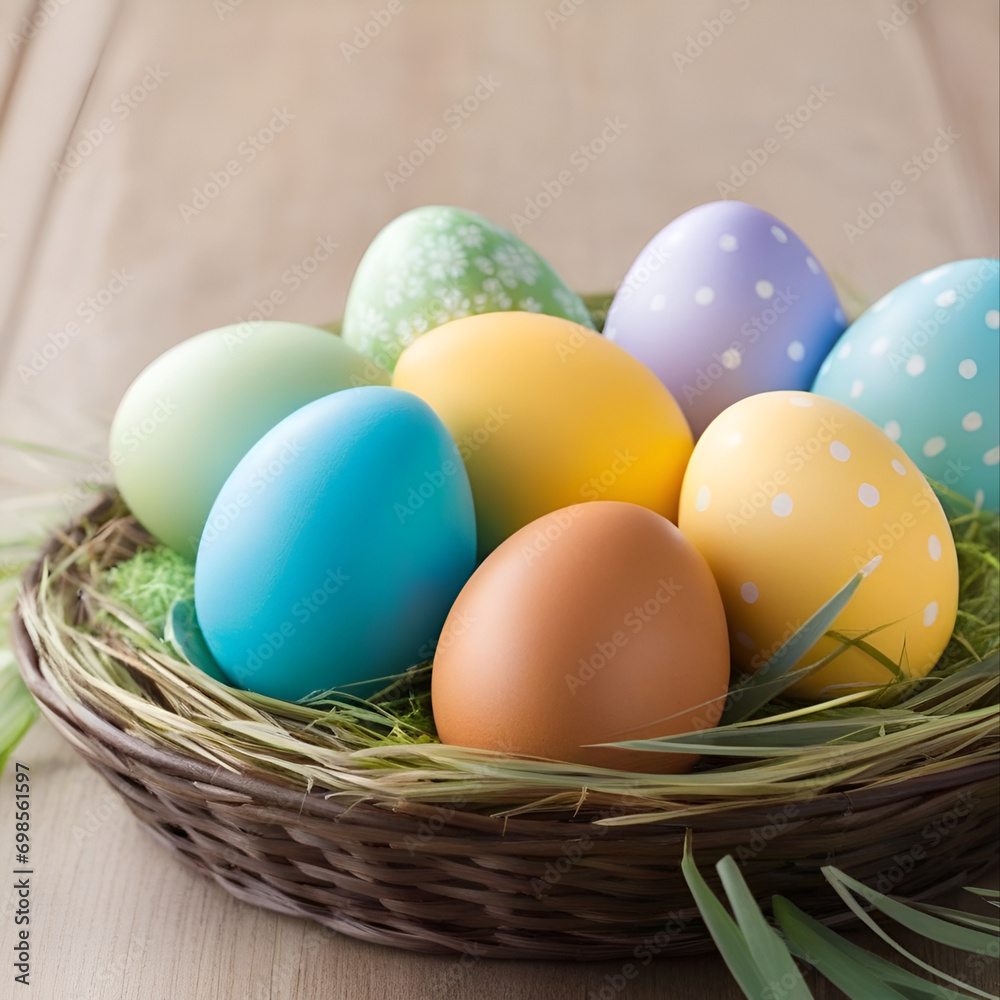 happy Easter. Easter background with copy space. Easter eggs decorated by hand
