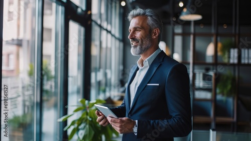 Happy middle aged business man ceo wearing suit standing in office using digital tablet. Smiling mature businessman professional executive manager looking away thinking working on tech device