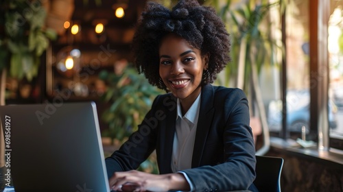 Happy professional young African American business woman hr manager team leader executive wearing suit working in office looking at laptop having video conference call virtual online meeting
