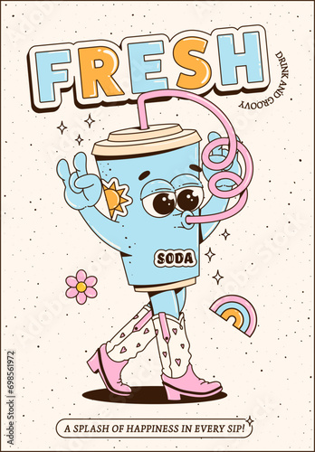 Cool soda poster in retro groovy style. Trendy cartoon illustration. Maskot for cafes, bars, restaurants.